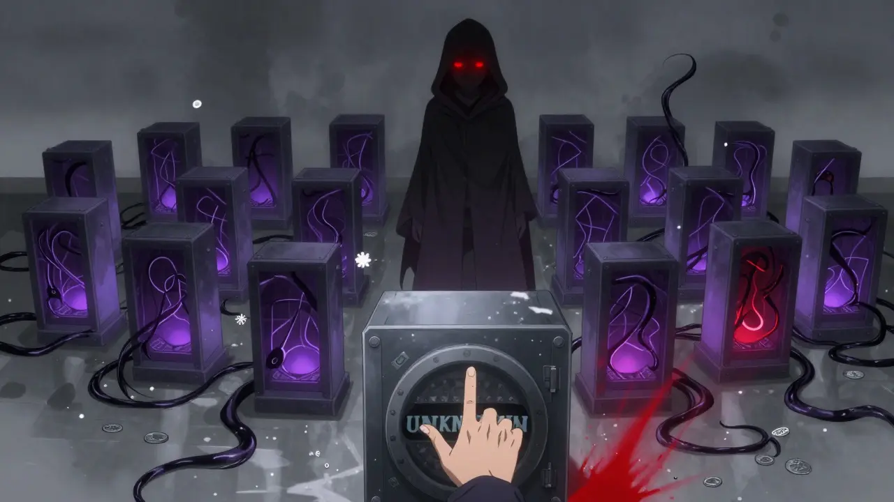 A shadowy figure corrupts 18 validator nodes, cold storage vault hidden in dim light, symbolizing security failure.