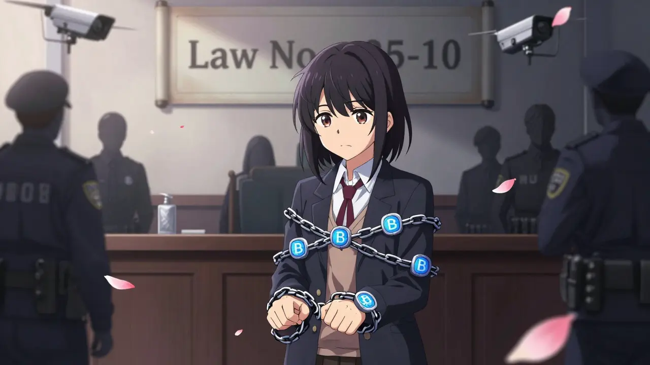 A student stands in court, digital chains of crypto symbols binding their wrists.