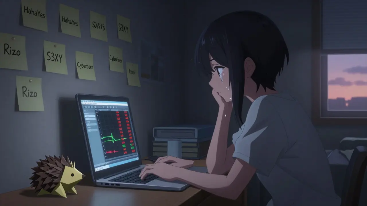 A teen stares at a crashing RIZO price chart at night, surrounded by sticky notes of memes, as dawn light creeps in.