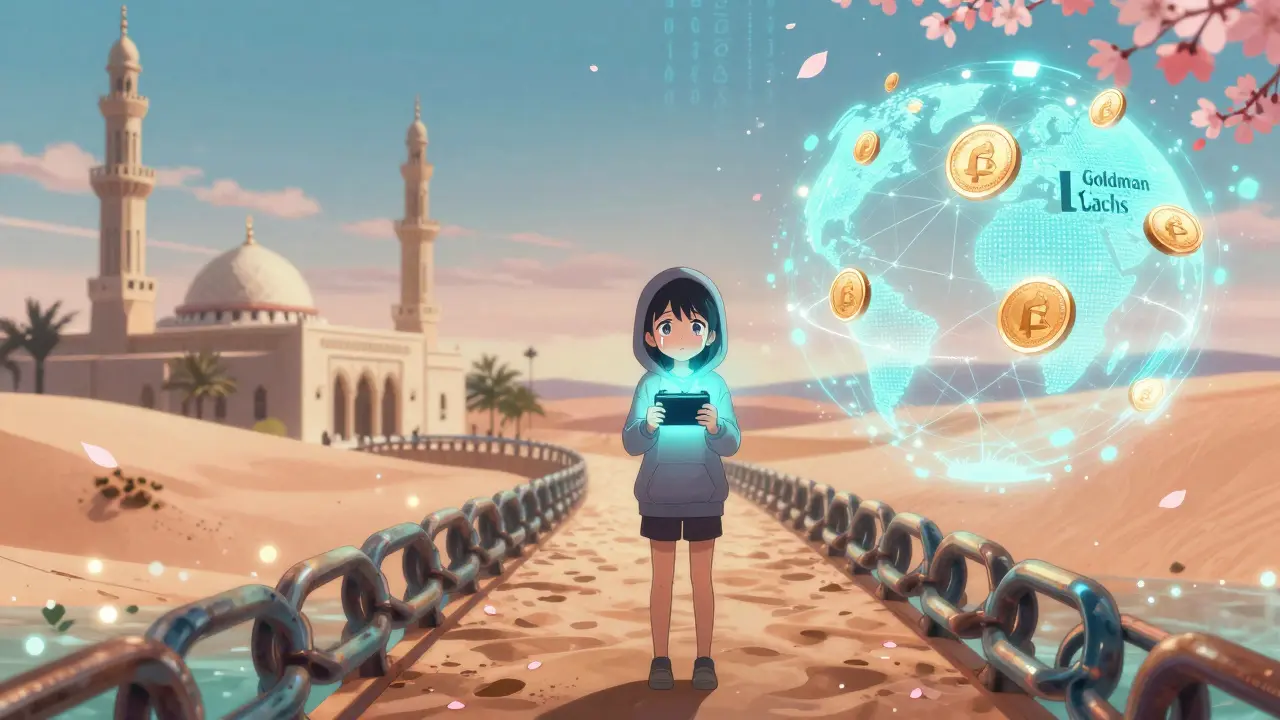 A teenager stands on a blockchain bridge connecting traditional Saudi architecture to a digital future, glowing crypto tokens floating around her.
