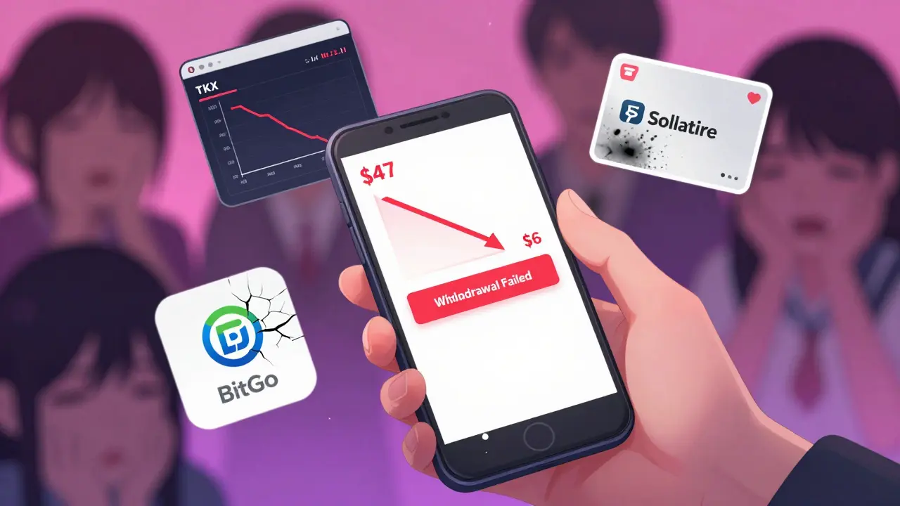 A trembling hand holds a phone showing a failed withdrawal, surrounded by crumbling symbols of crypto trust and lost savings.