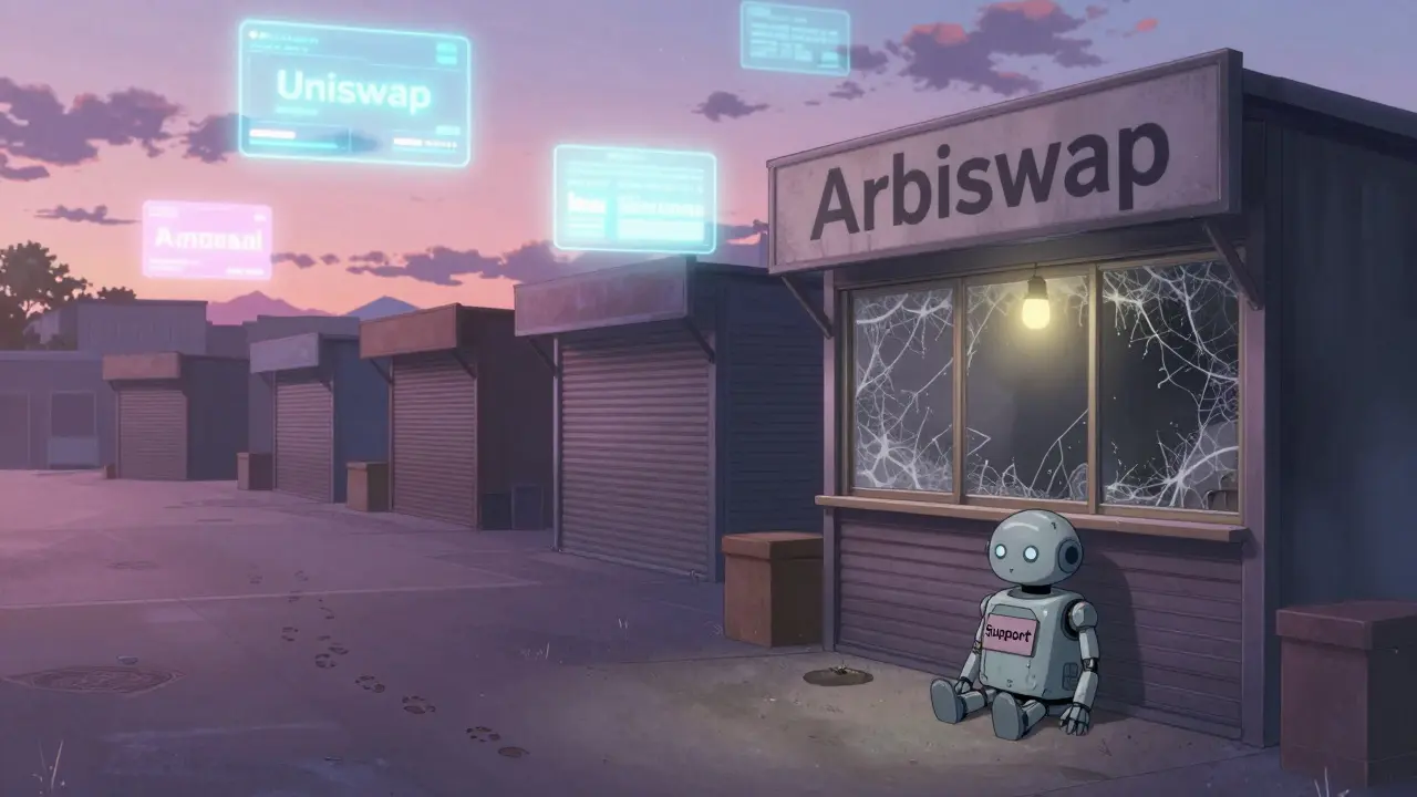 An empty DeFi plaza at dusk, with Arbiswap's shuttered stall and a forgotten support robot, while other DEXs shine above.