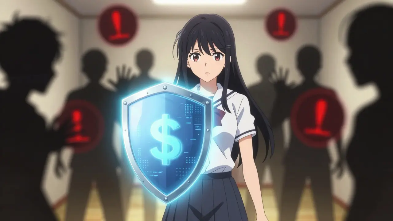 Character holding glowing shield against shadowy scam figures