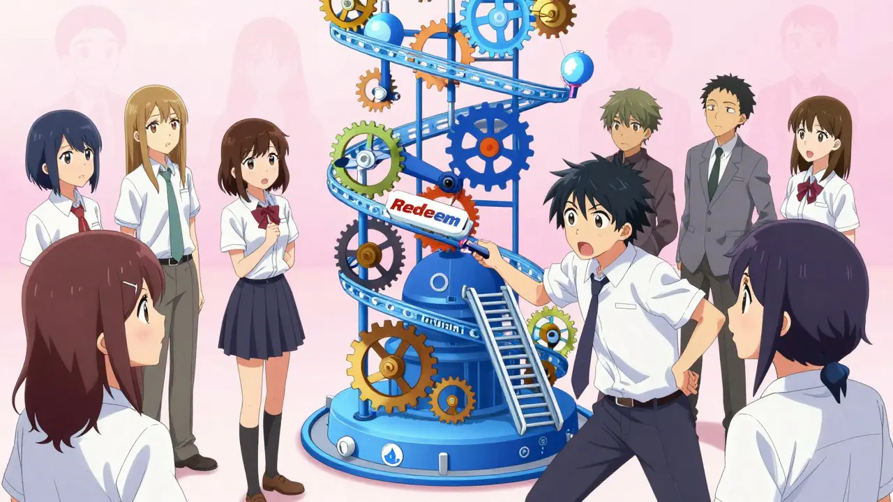 Characters watching a complex machine labeled with blockchain bridges as one pulls a redemption lever.