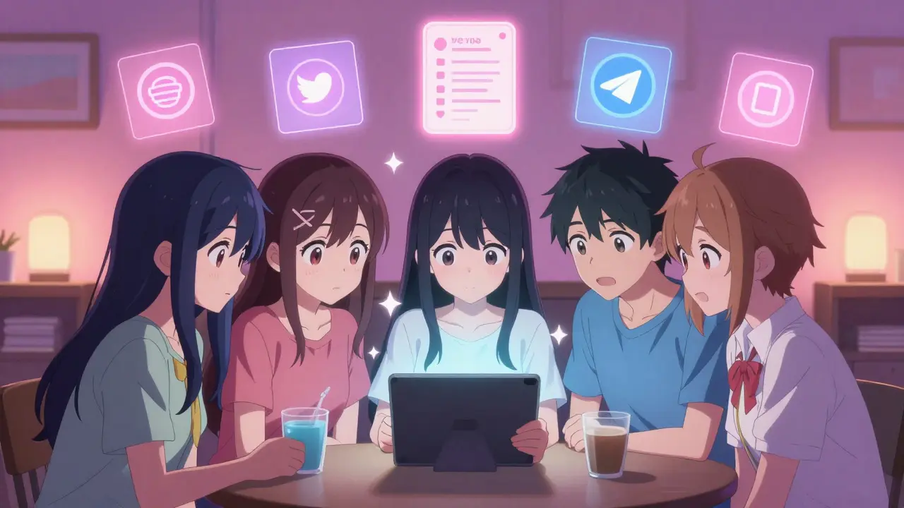 Diverse teens completing airdrop tasks in a cozy room, with glowing icons of staking and governance floating above.