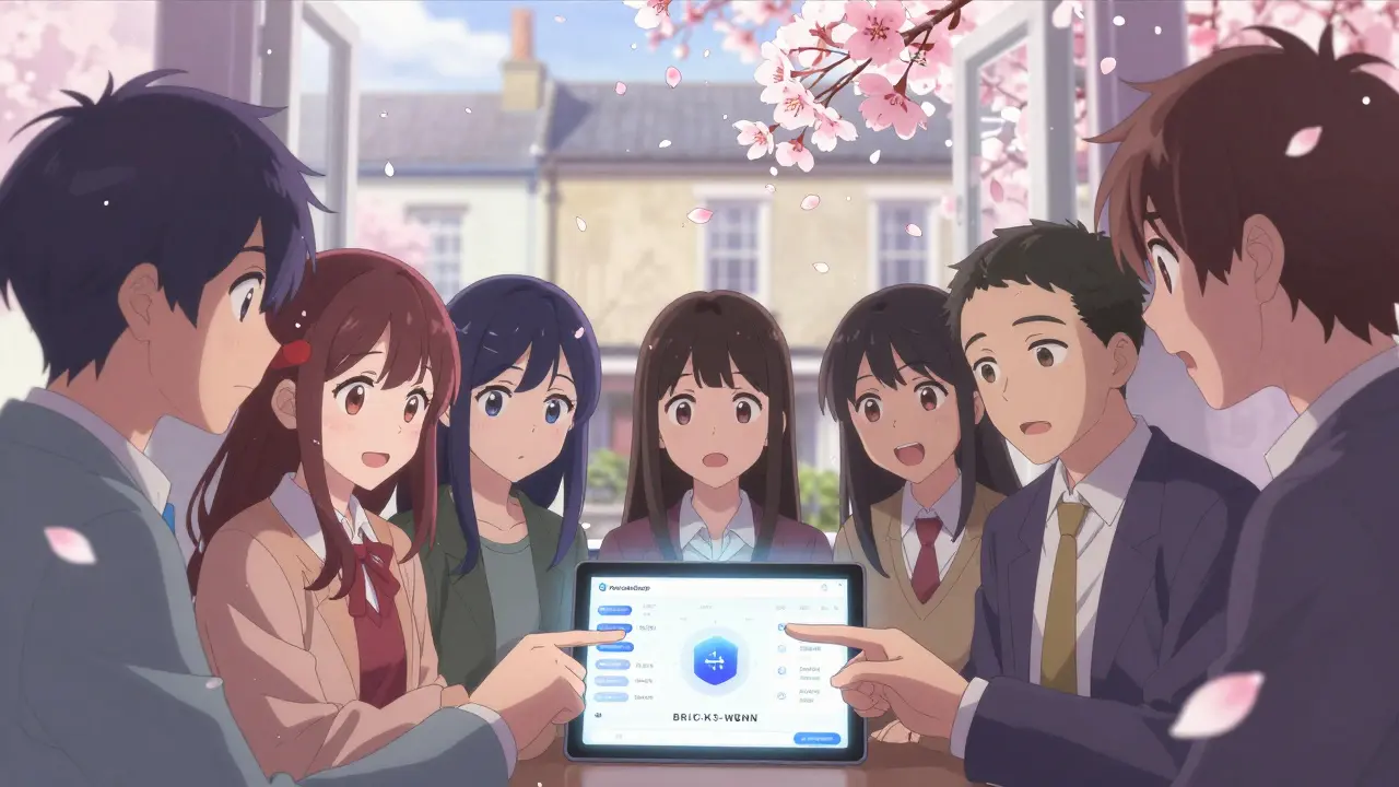 Diverse young investors gathered around a tablet showing the BRICKS/WBNB trading pair, with cherry blossoms drifting in the background.