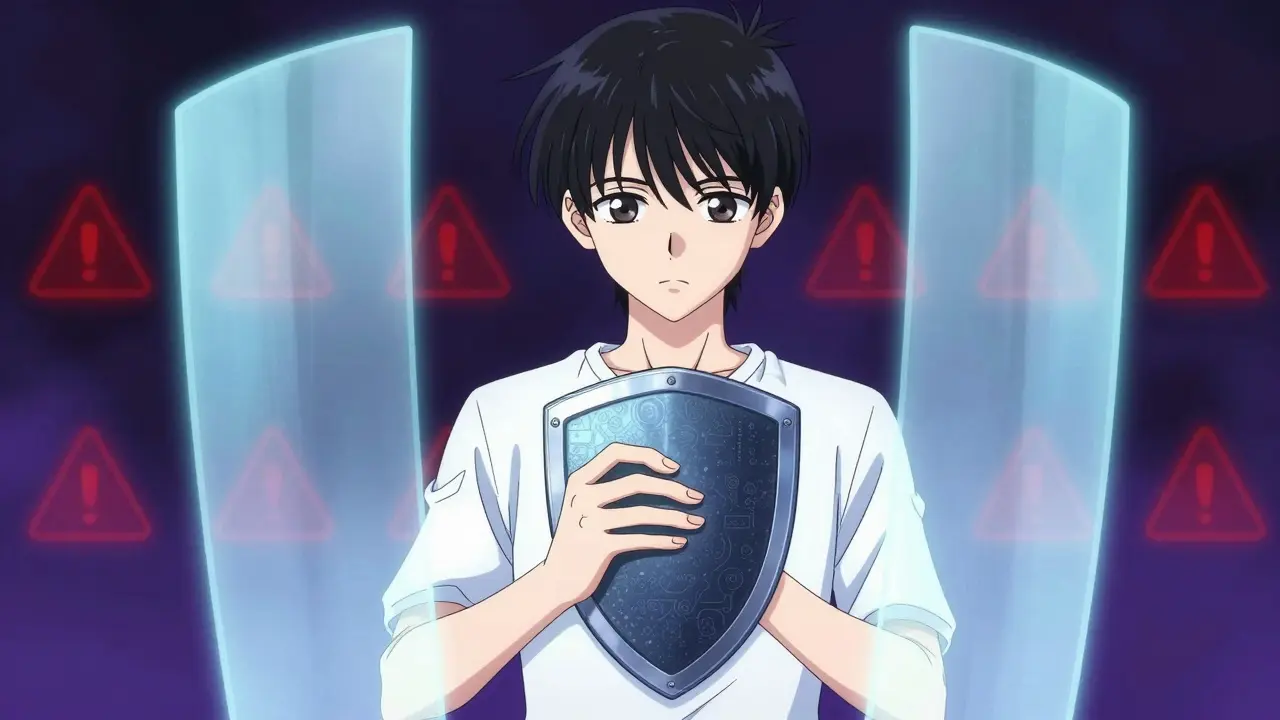 Figure holding hardware wallet protected by translucent light shields