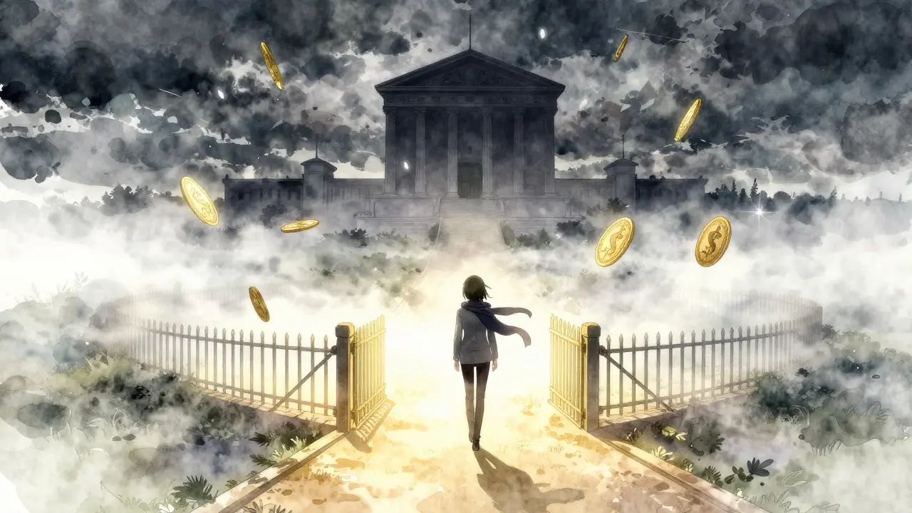 Figure walking misty path near looming bank building