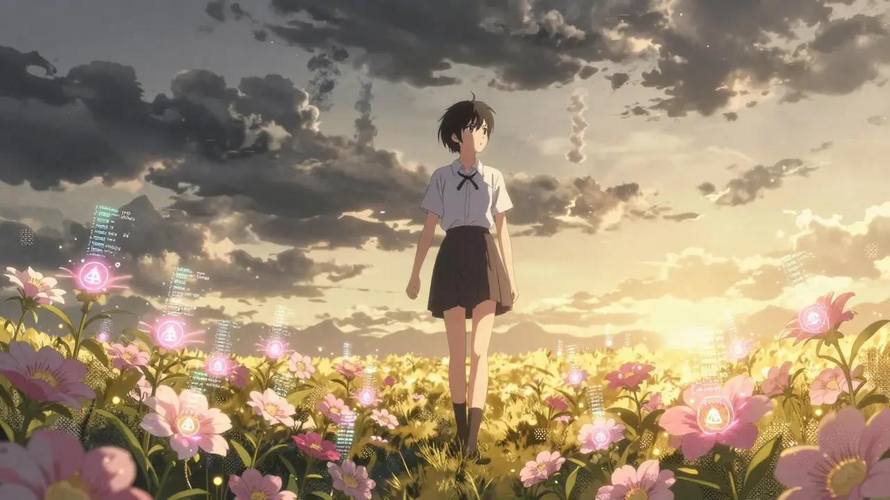 Figure walking through glowing fields with storm clouds in background