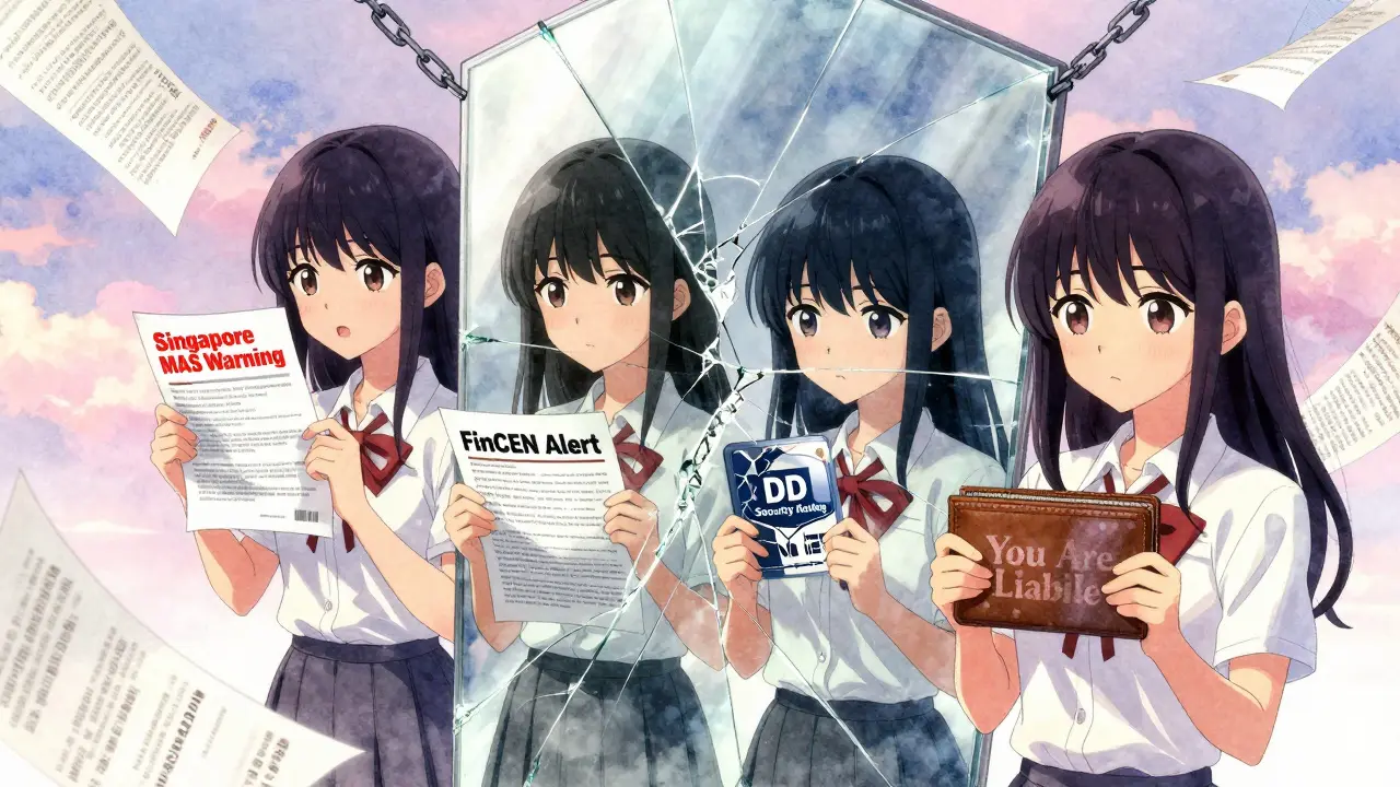 Four distorted reflections of a girl show regulatory warnings and a shattered security rating, legal chains floating around her.