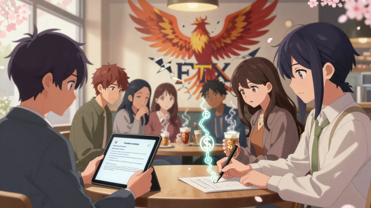 Friends at a café review stablecoin reserves and sign a custody agreement with glowing ink.