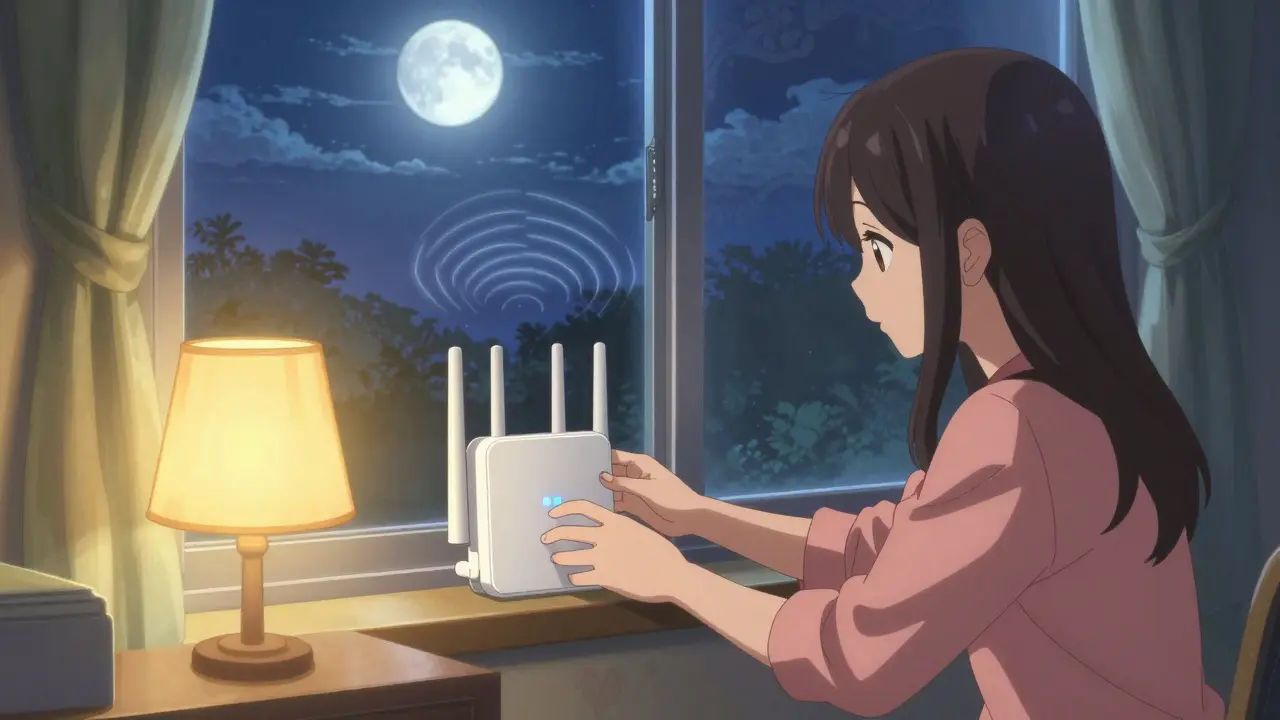 Girl setting up a wireless hardware node on a windowsill indoors