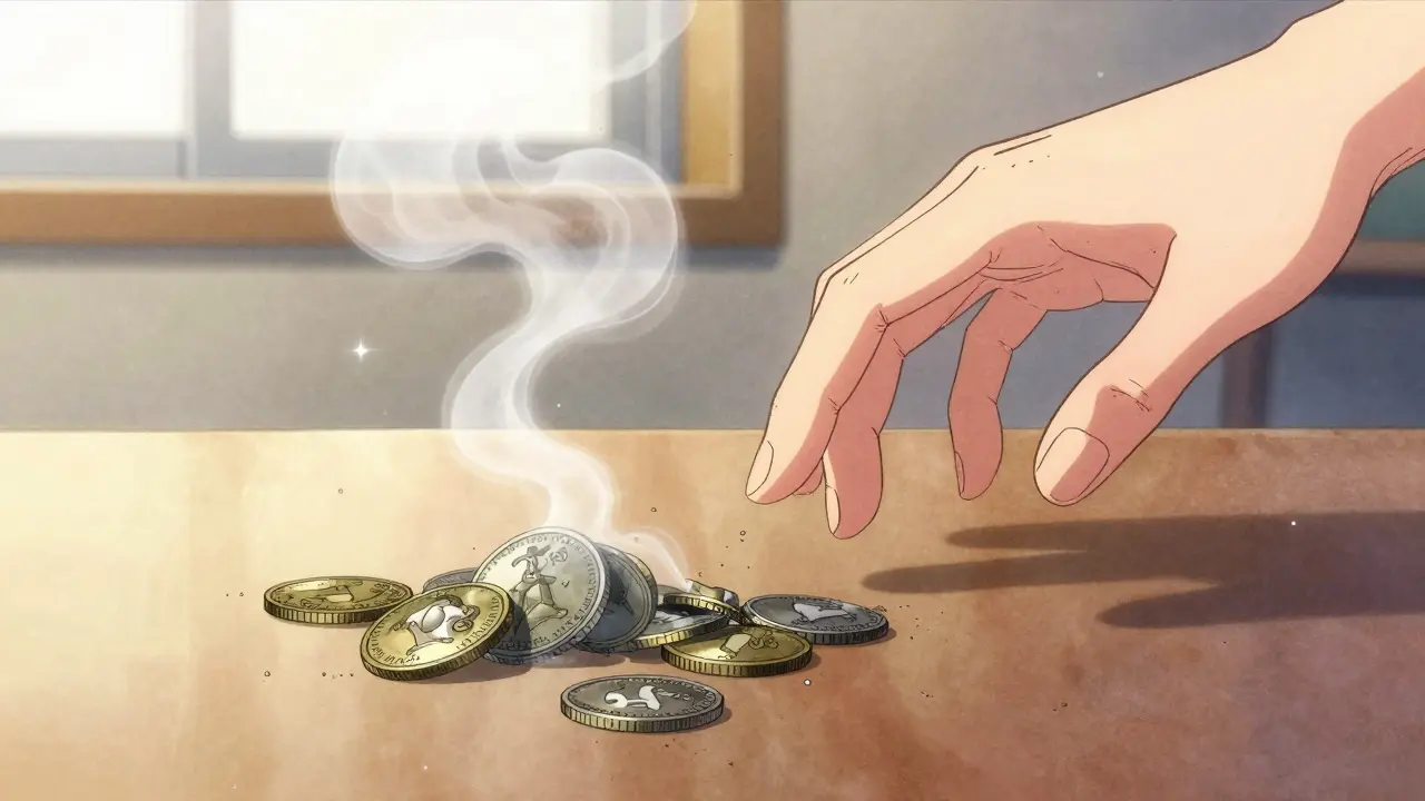 Hand reaching for a fading coin on a desk in anime style.