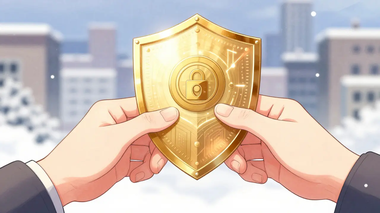 Hands exchanging digital tokens protected by holographic shield.