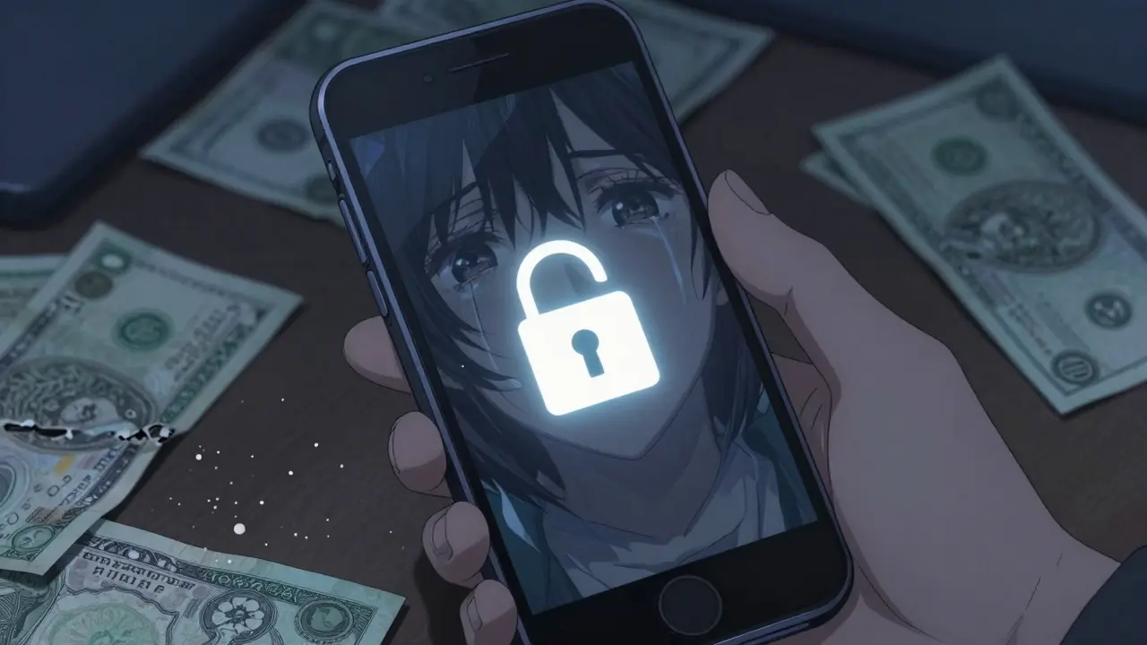 Locked phone screen reflecting tearful anime eyes