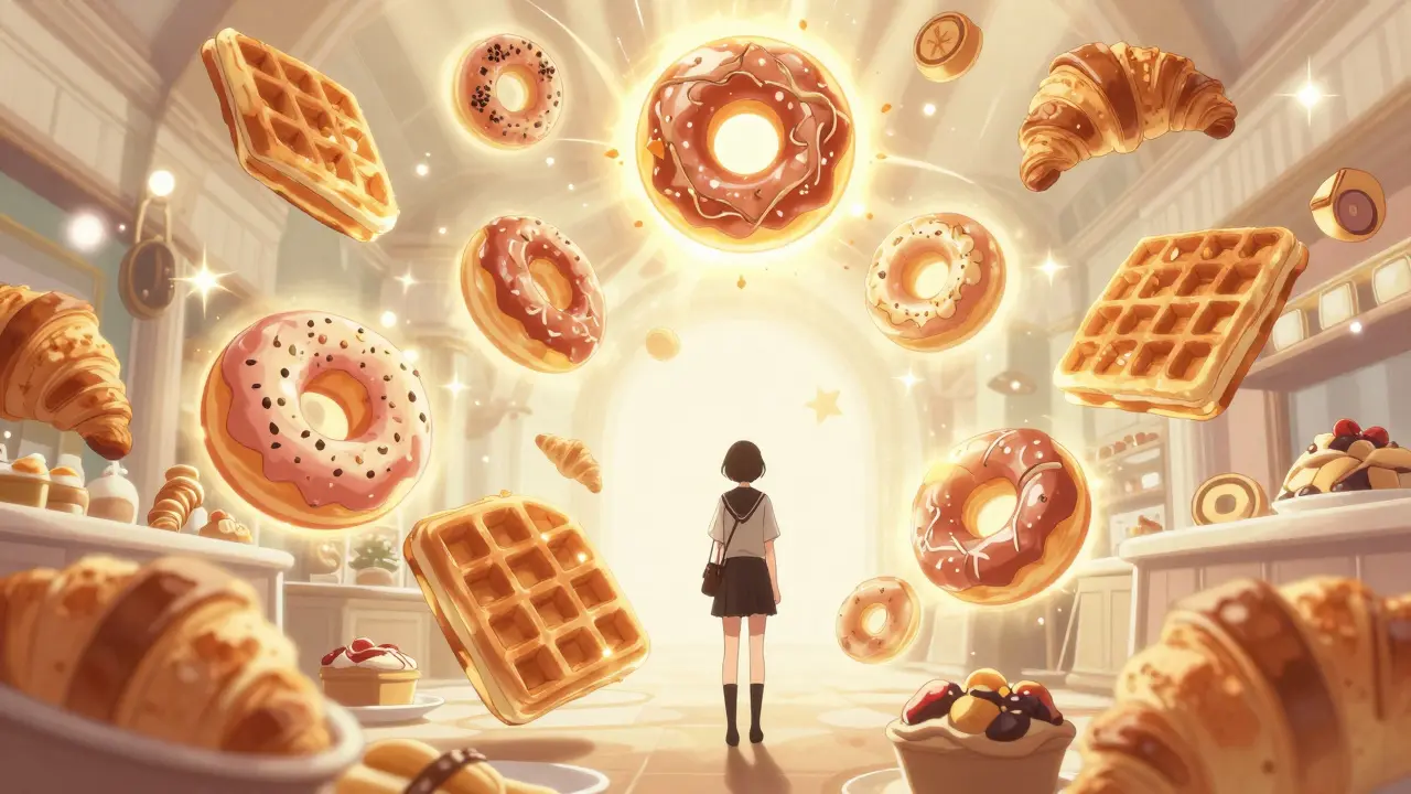 Magical bakery scene with floating food tokens and sparkling effects