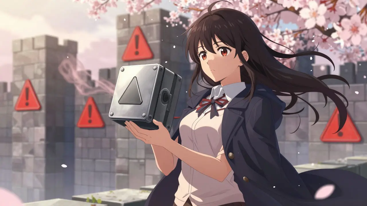 Person holding a security device standing before a blockchain fortress wall.