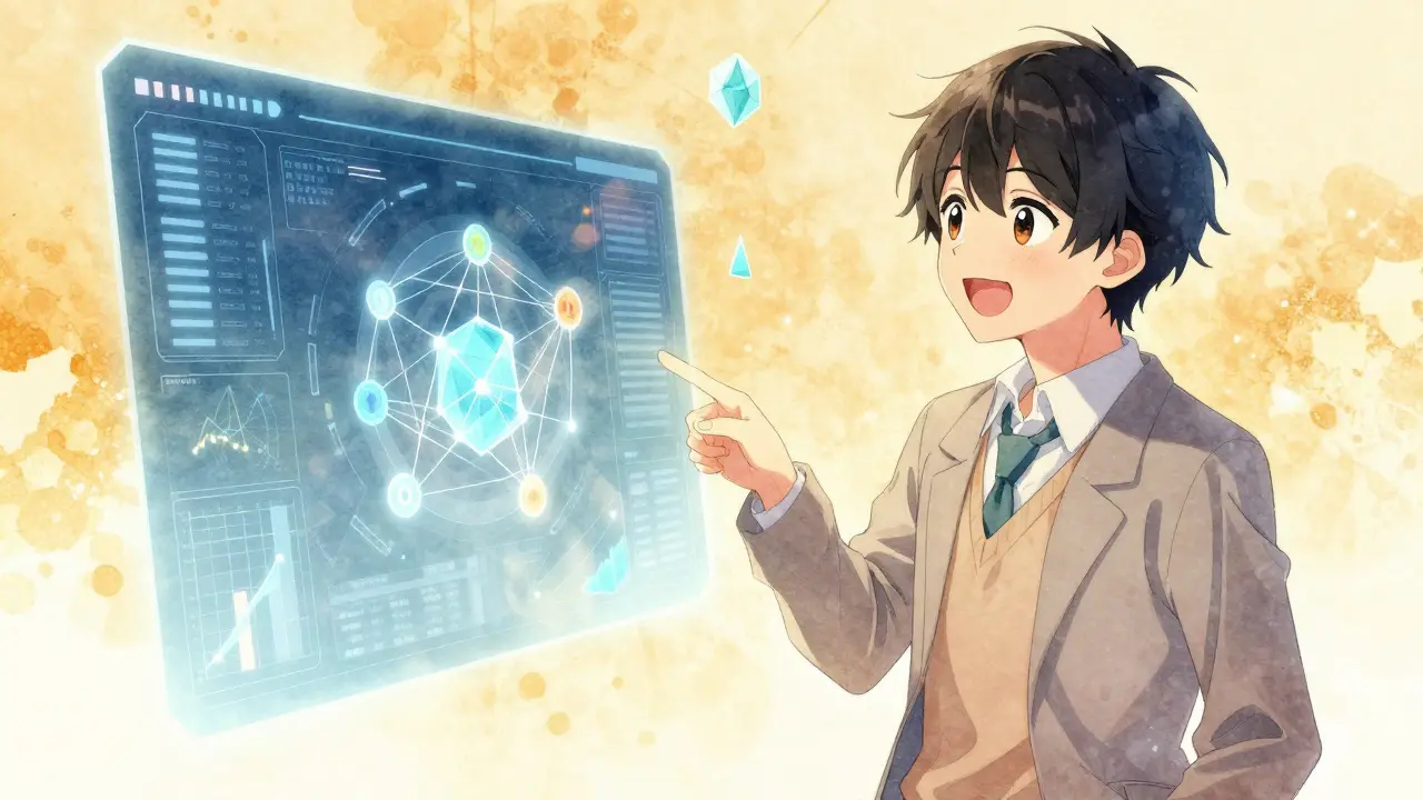 Person smiling in front of abstract holographic financial interface