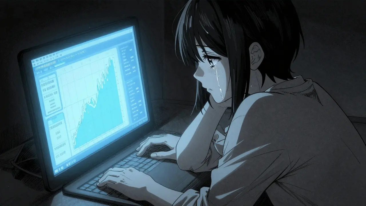 Sad manga character crying by a glowing screen in dark room.