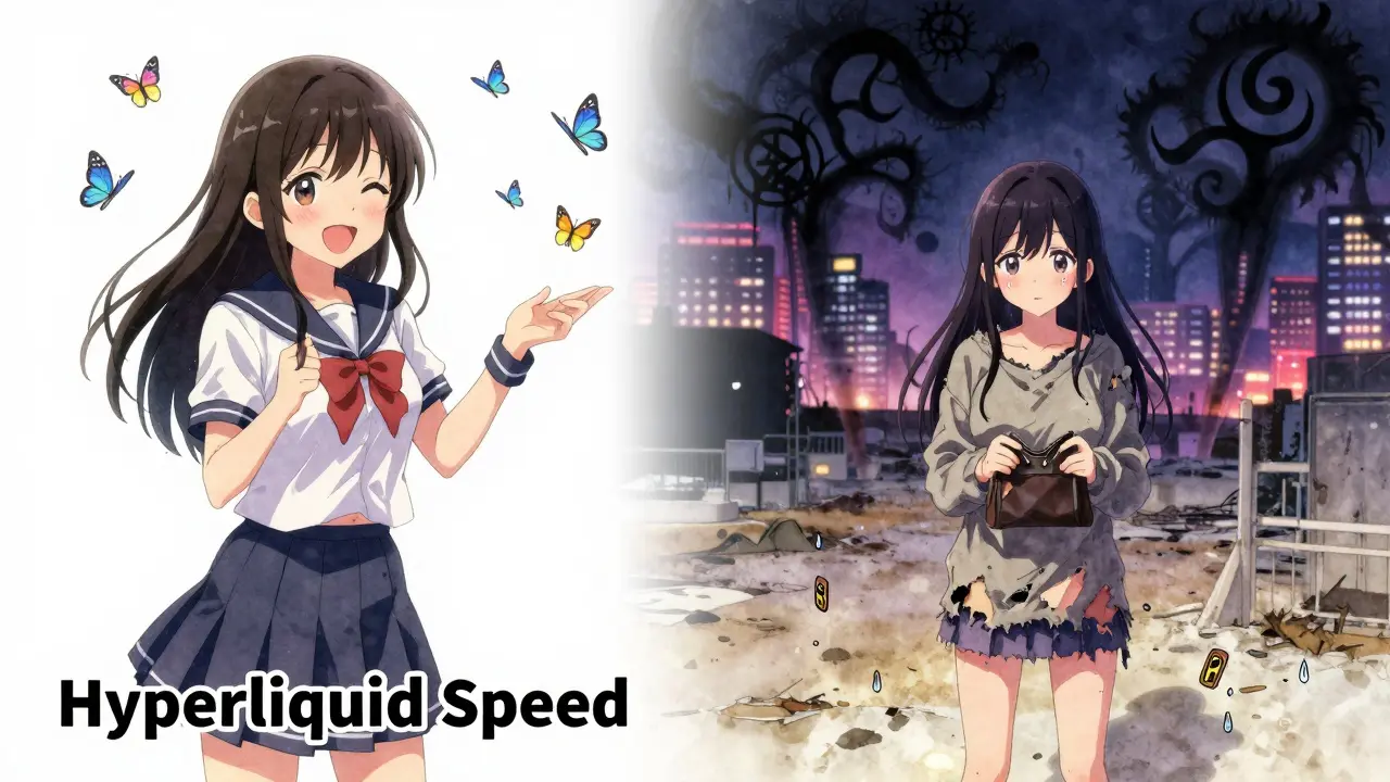 Split scene: joyful trading vs. devastated trader, digital butterflies turning to ash, representing crypto risk.