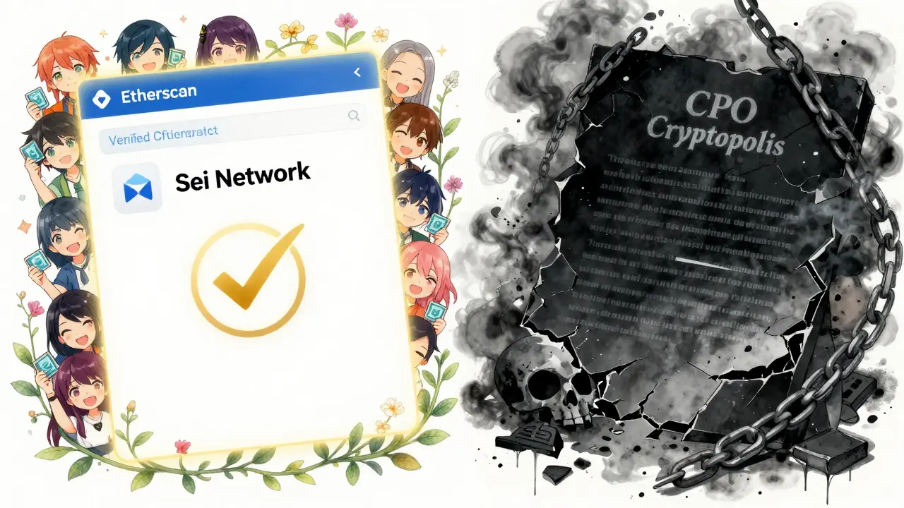 Split scene: verified real airdrop project on one side, crumbling fake CPO contract dissolving into smoke on the other.