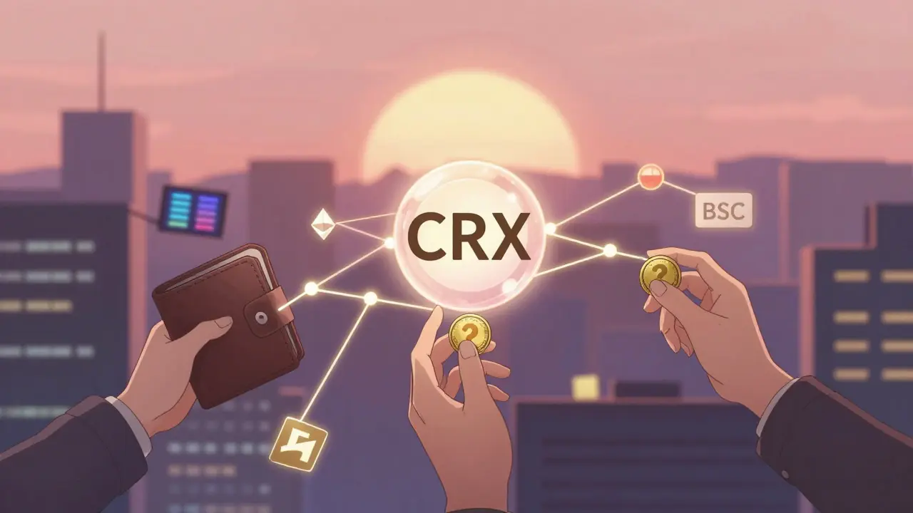Three hands reach toward a glowing CRX coin, connected by threads weaving through Ethereum, Solana, and BSC blockchains under a sunrise.
