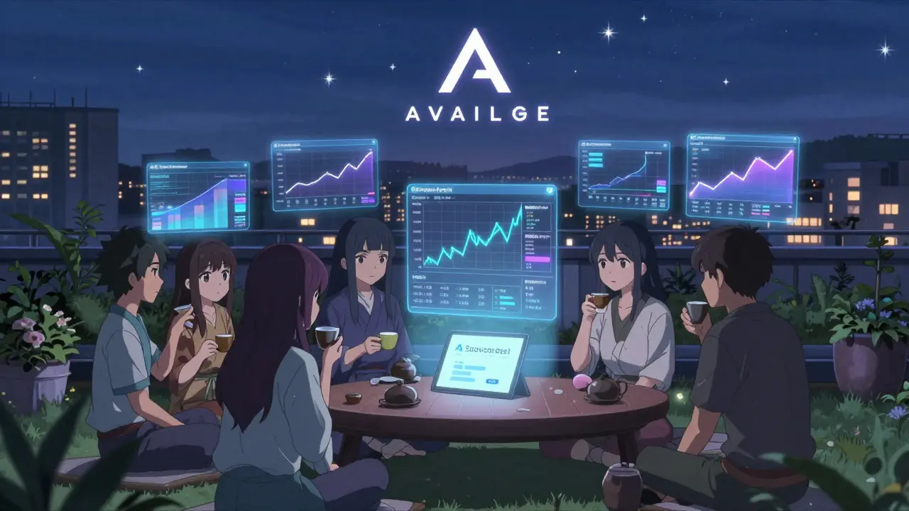 Traders relaxing on a rooftop at night, watching holographic crypto charts and a Snowtrace explorer glow softly under a starlit sky.