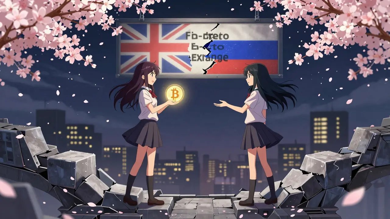 Two girls stand on a crumbling bridge of blockchain blocks, one holding a Bitcoin, the other reaching in vain.