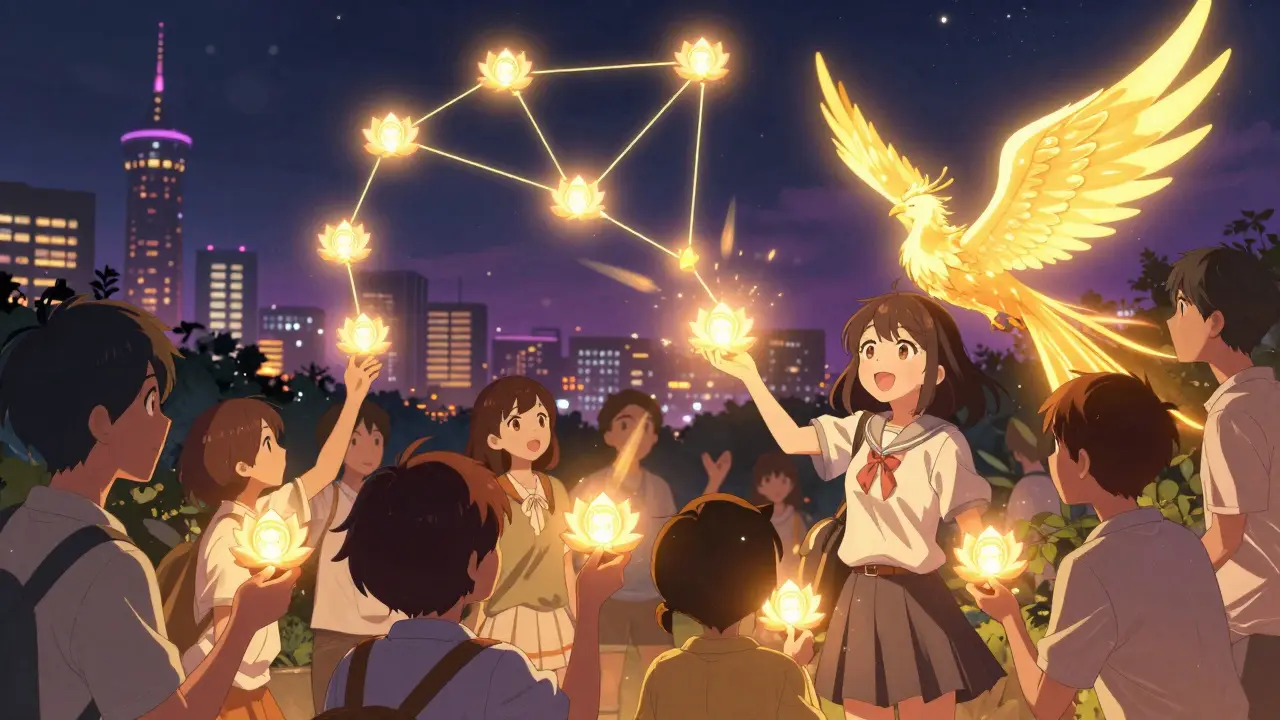 Users exchange glowing VE-tokens shaped like lotus flowers, forming a constellation of SPRK tokens above them in a glowing night scene.