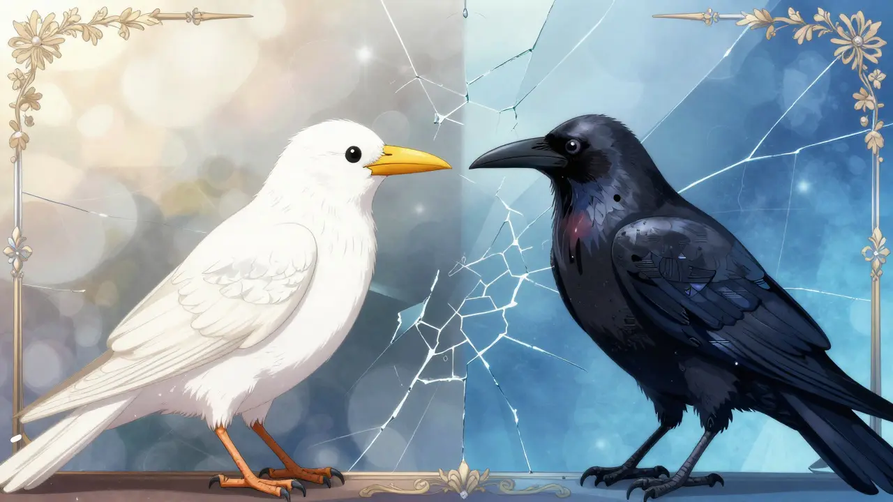 White bird and corrupted raven facing each other in a split mirror scene.