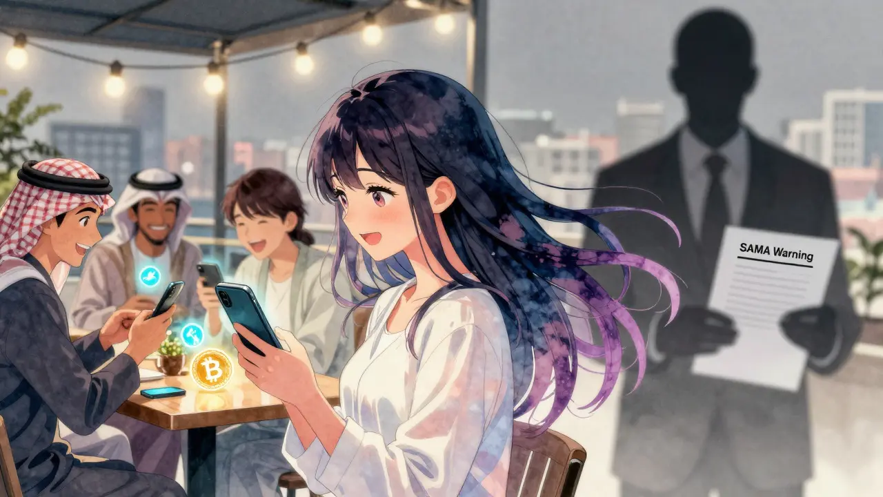 Young Saudis trade crypto at a rooftop café while a distant official holds a warning notice, vibrant energy contrasting with muted caution.