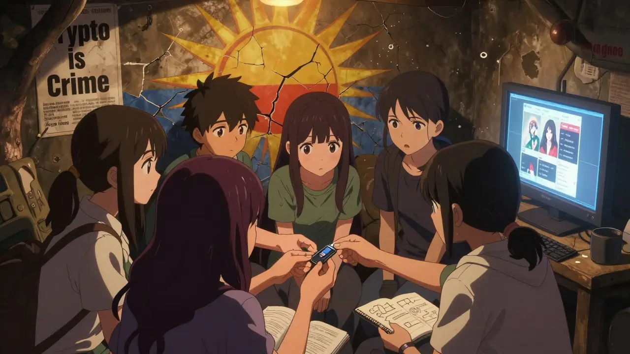 Youth in a hidden basement pass a USB drive, sketching blockchain diagrams under surveillance.