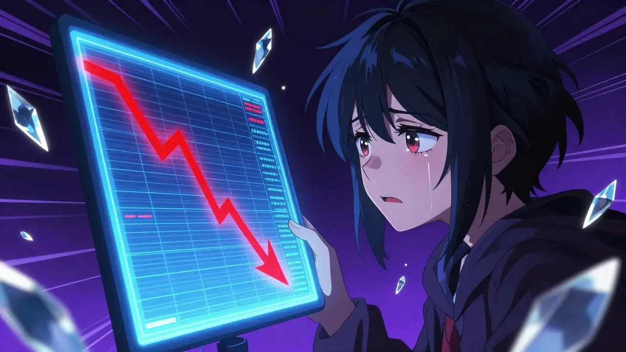 A distressed manga character looking at a crashing cryptocurrency price chart.