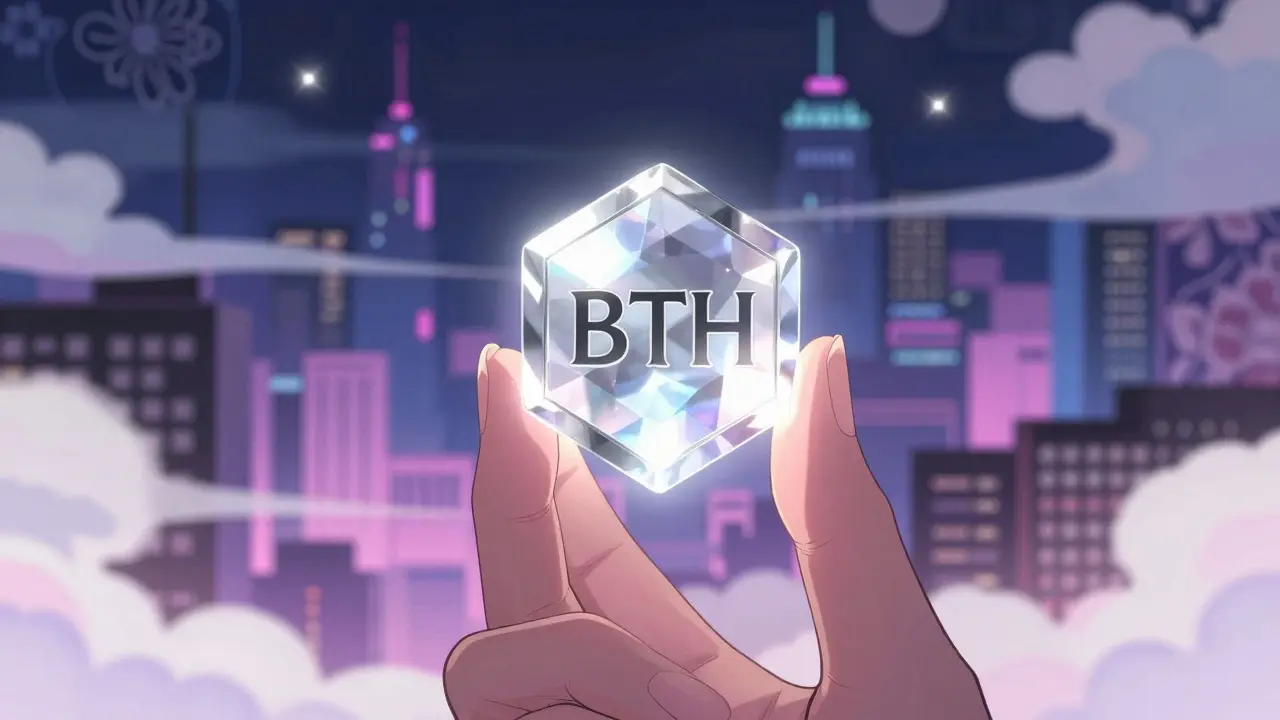 A glowing BTH token held in a hand against a dreamy pixelated metaverse background in shoujo manga style.