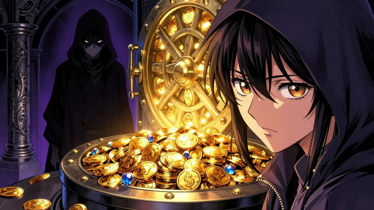 A glowing vault of crypto assets being watched by a mysterious hooded figure