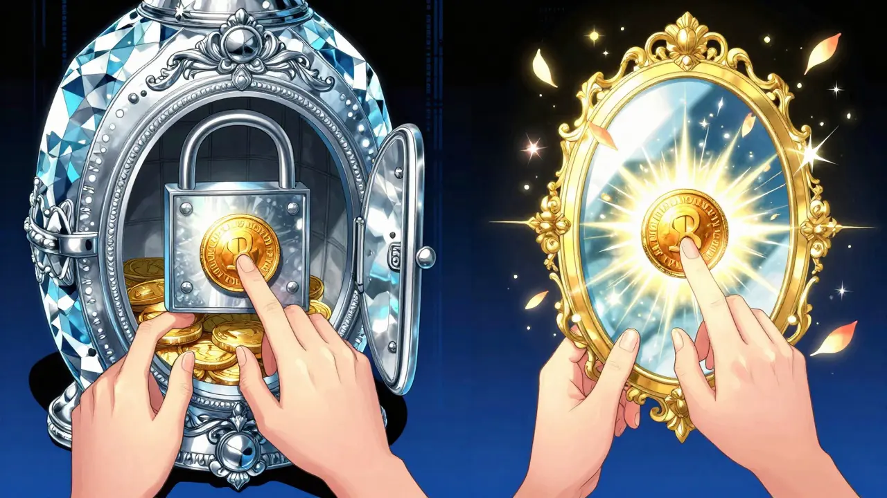 A gold coin being locked in a vault and a wrapped version appearing in a burst of light