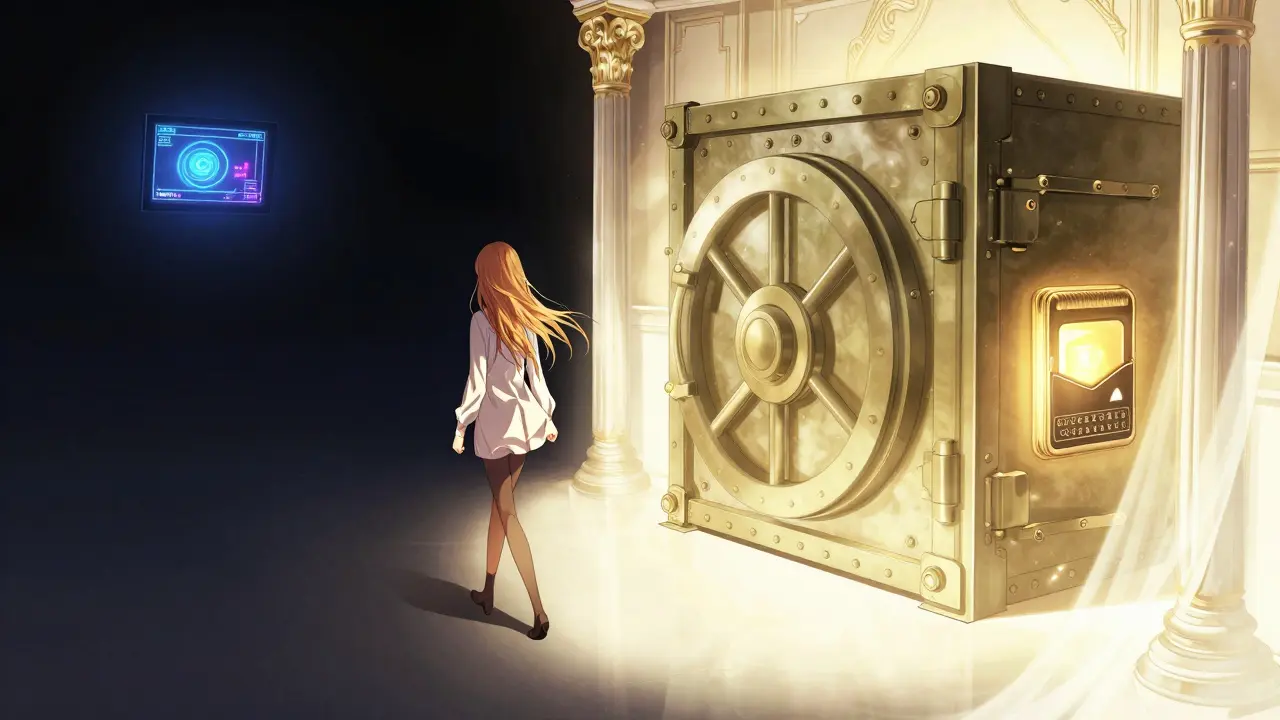 Anime character choosing a secure golden vault over a dark, unstable digital void.