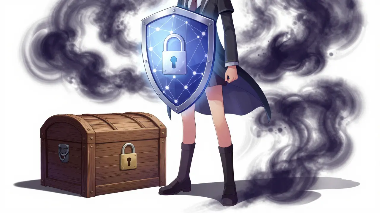 Anime figure holding shield against dark clouds near treasure chest