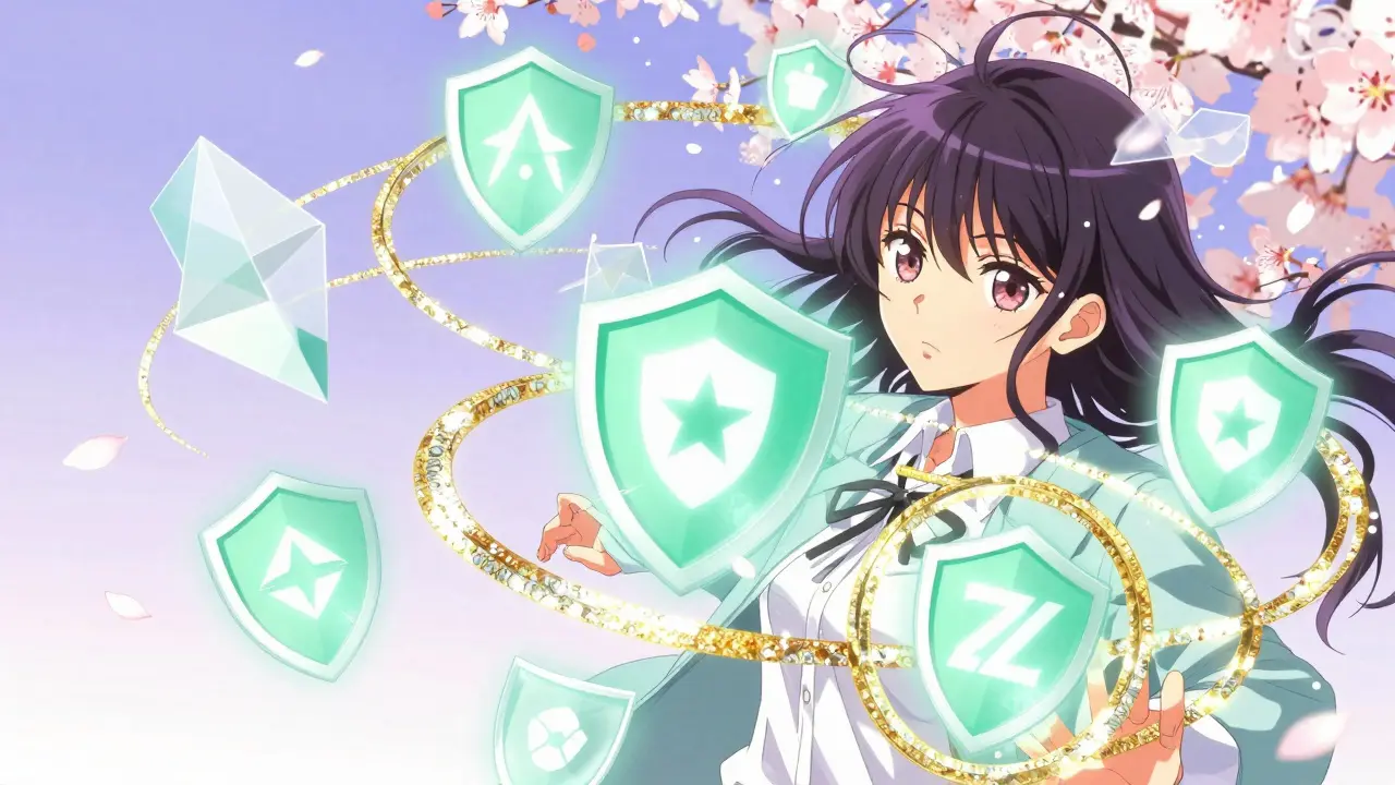 Anime style illustration of a character surrounded by shimmering rings and privacy shields.