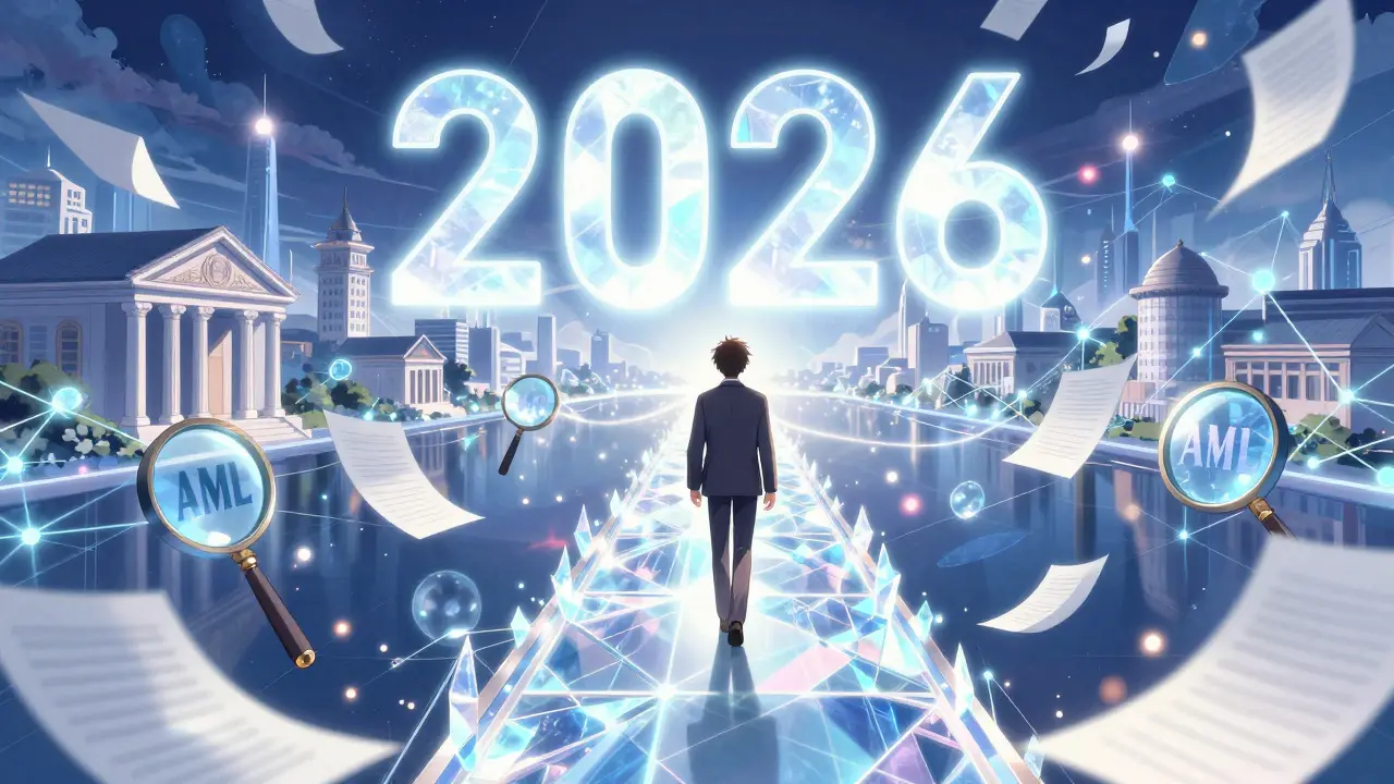 Character walking on a glowing path toward a futuristic blend of banking and blockchain technology.