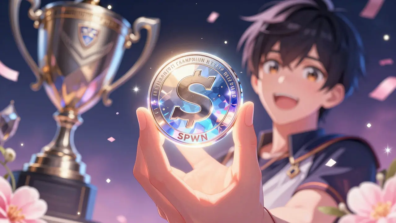Close-up of a glowing SPWN token coin with an esports trophy and confetti in a dreamy manga style.