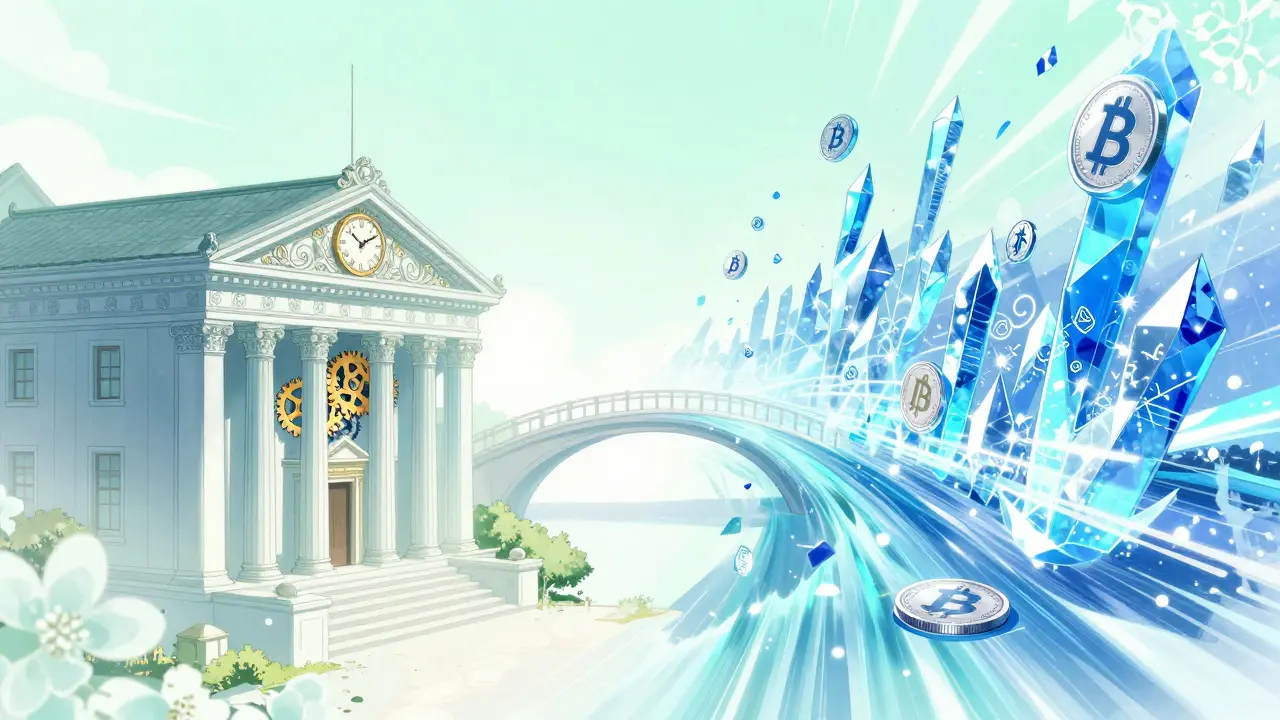 Conceptual bridge connecting a traditional bank with a stream of digital currency