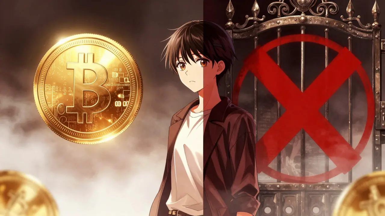 Conceptual manga art showing a digital coin blocked by a heavy iron gate