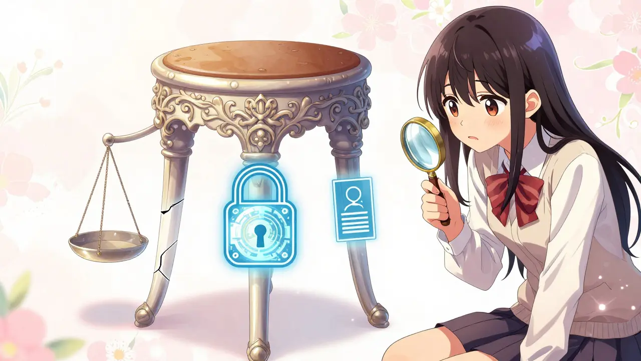 Conceptual shoujo manga art of a fragile three-legged stool representing security risks.