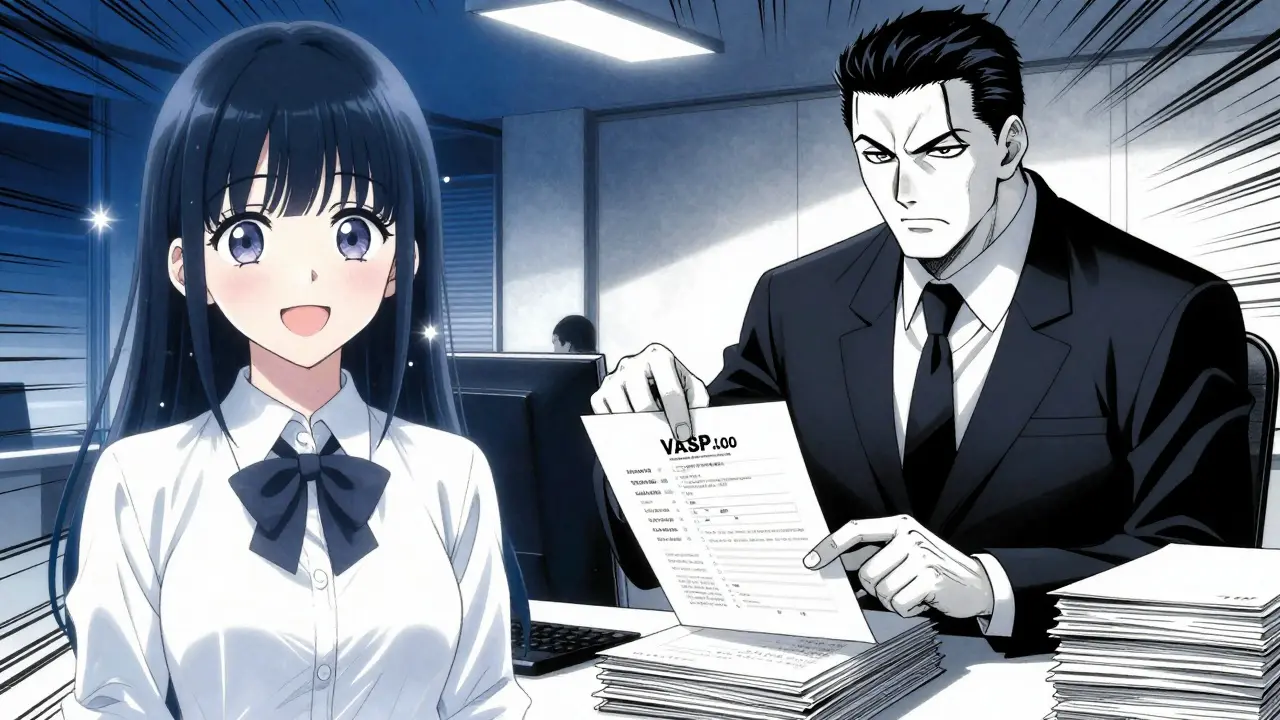 Contrast between a happy trader and a stern official presenting license documents in a dramatic office.