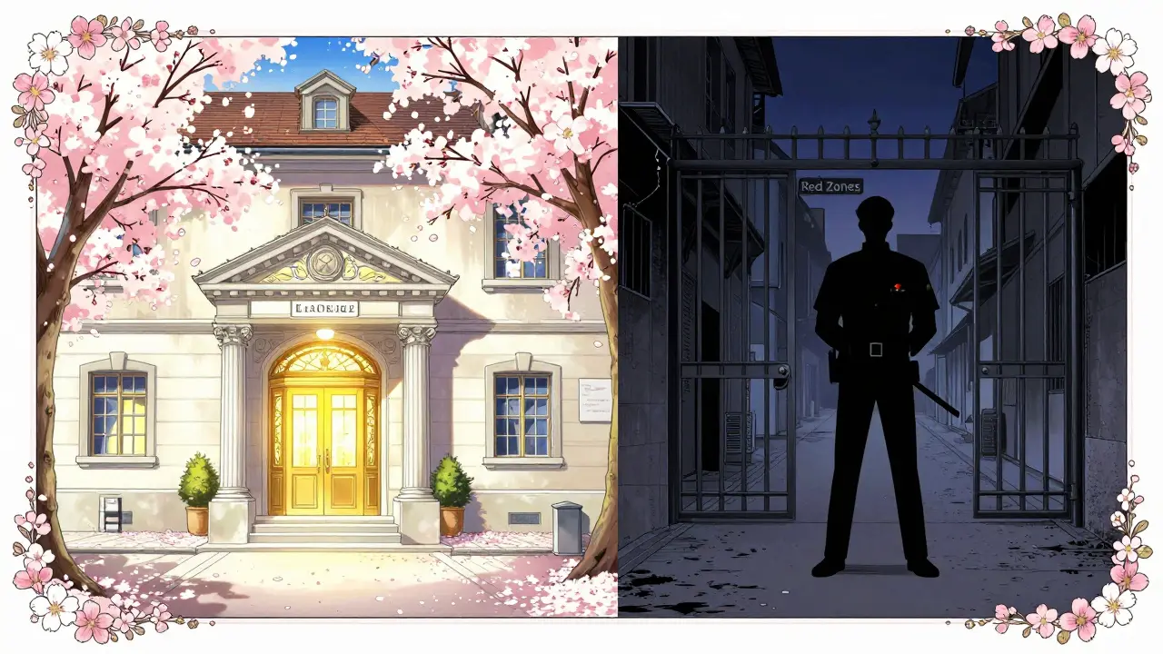 Contrast between a welcoming golden bank in Liechtenstein and a restrictive shadowy gate in manga style.