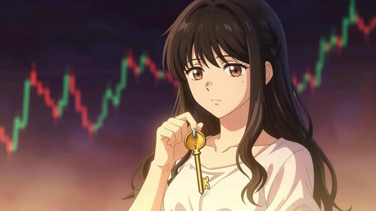 Determined anime girl holding a secure wallet key against a background of volatile charts