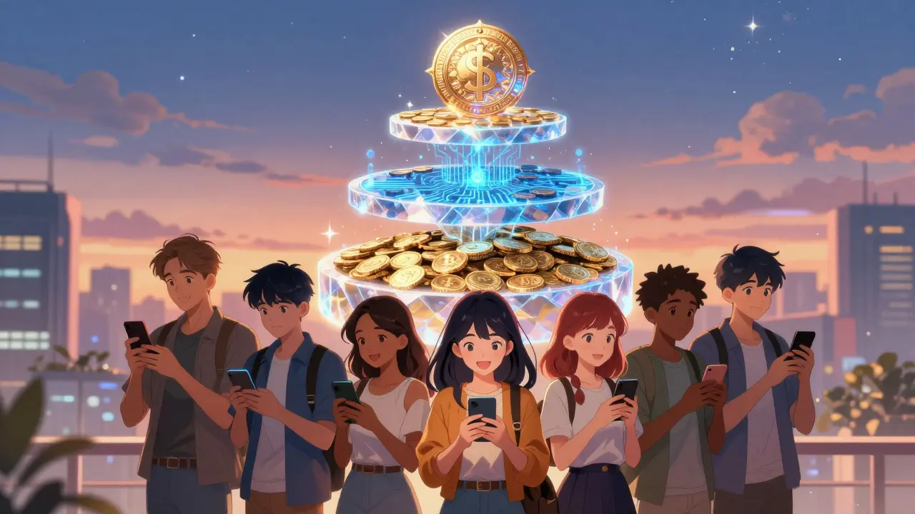 Diverse youth looking at a three-layered conceptual model of future currencies