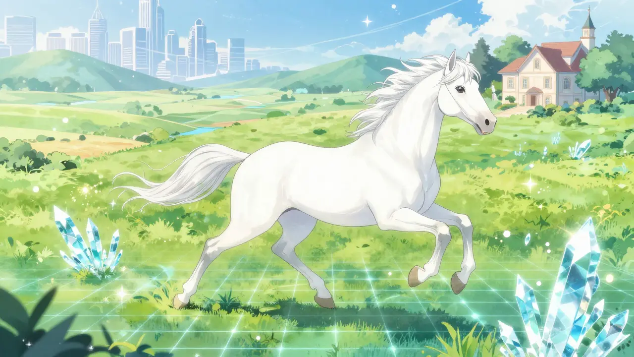 Ethereal racehorse running between a digital world and real green fields in manga style