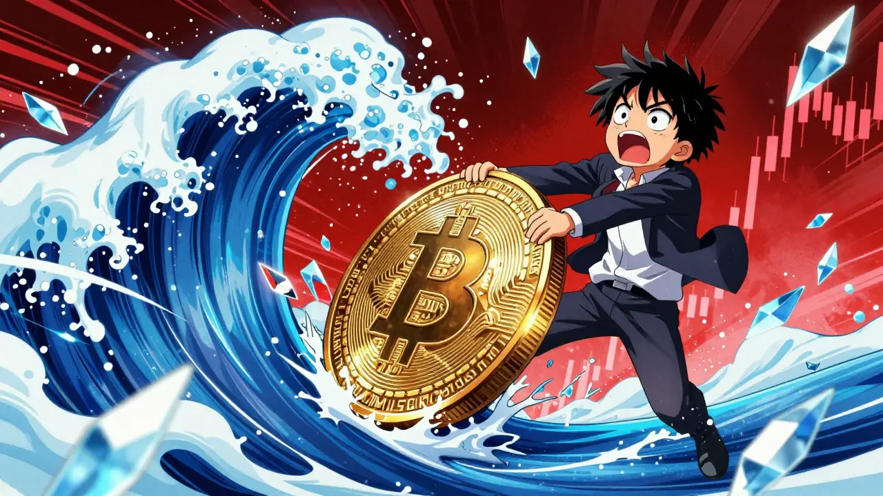 Expressive character riding a volatile price chart wave with a giant glittering coin.